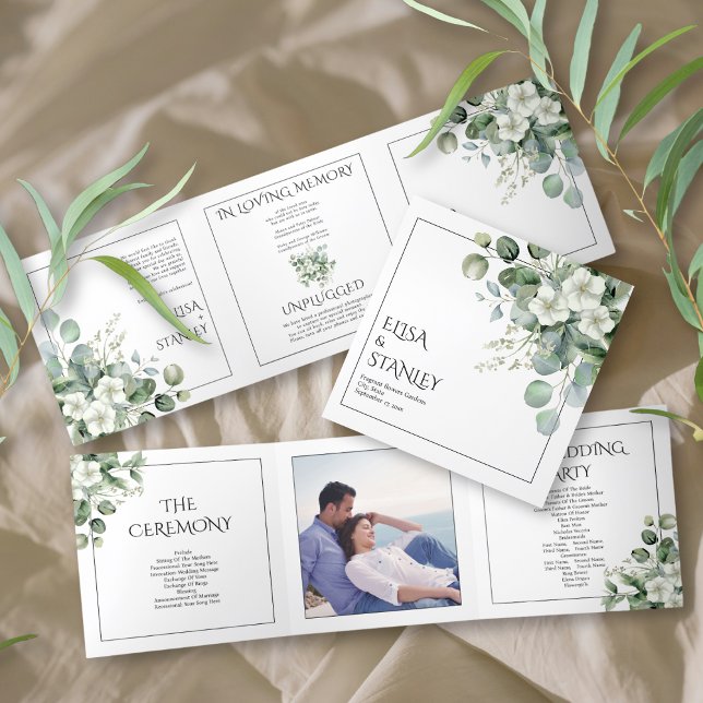 Eycalyptus and white flowers floral wedding Tri-Fold programme (Creator Uploaded)