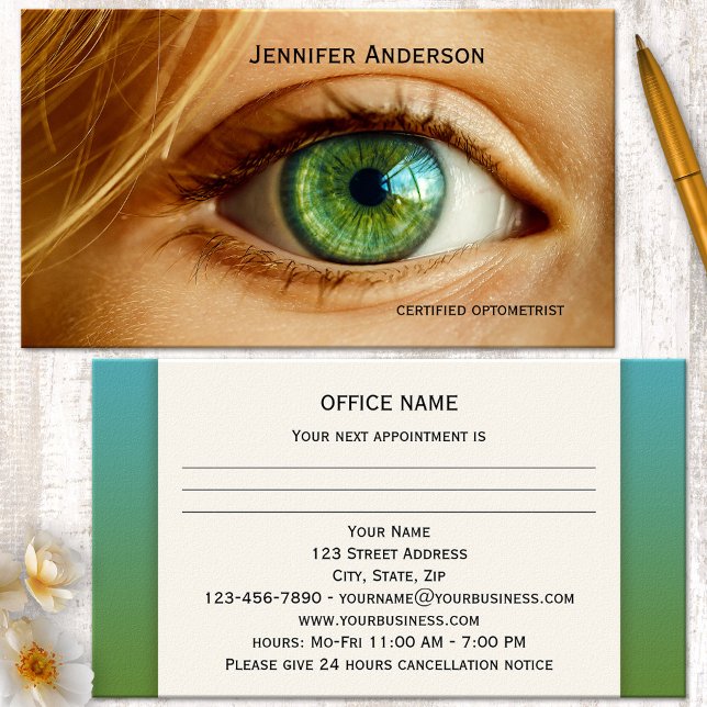 Eye Care Appointment Business Card (Appointment business card for an optometrist, optician or ophthalmologist, featuring a green eye)