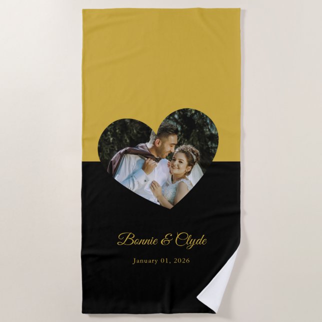 Eye-casing Heart Couple Gold and Black Beach Towel (Front)