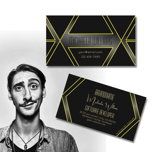 Eye Catcher Geometric Black and Yellow Flashy Cool Business Card (Creator Uploaded)