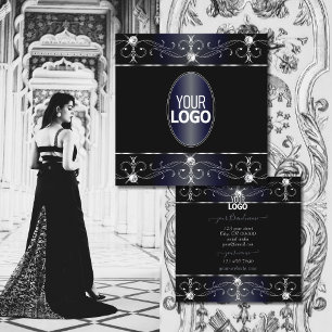 Eye Catching Black Blue Ornate Ornaments with Logo Square Business Card