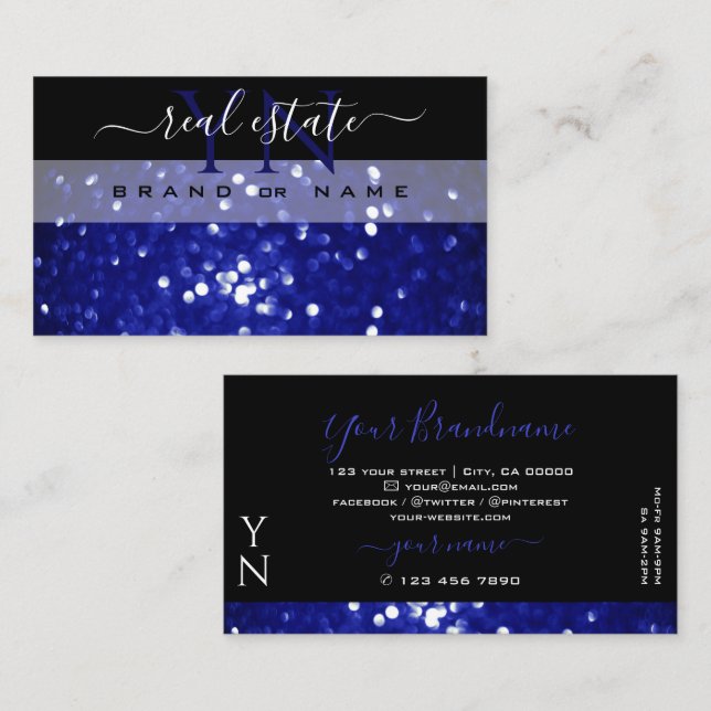 Eye Catching Black Blue Sparkling Glitter Monogram Business Card (Front/Back)