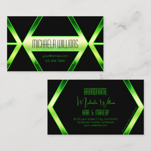 Eye Catching Black Geometric with Shimmery Green Business Card (Front/Back)