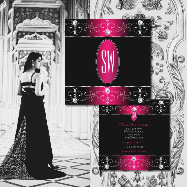 Eye Catching Black Pink Ornate Ornaments Monogram Square Business Card (Creator Uploaded)