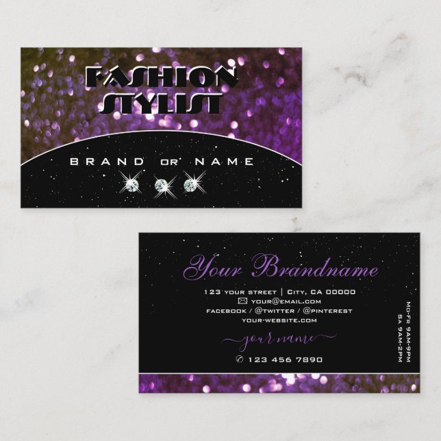 Eye Catching Black Purple Sparkle Glitter Shimmery Business Card (Front/Back)
