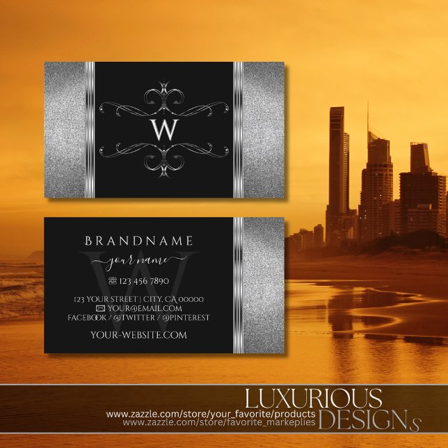 Eye Catching Black Silver Glitter Ornate Monogram Business Card (Creator Uploaded)