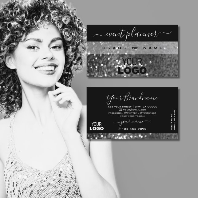 Eye Catching Black Silver Sparkle Glitter Add Logo Business Card (Creator Uploaded)