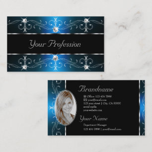 Eye Catching Black Teal Ornate Borders with Photo Business Card
