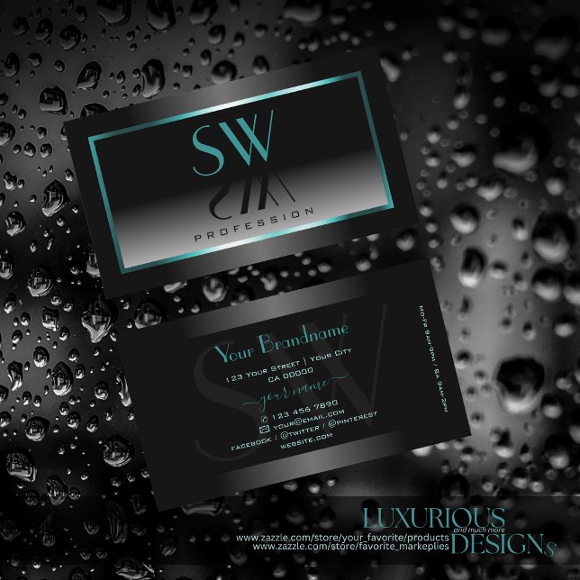 Eye Catching Black White Gradient Monogram Teal Business Card (Creator Uploaded)