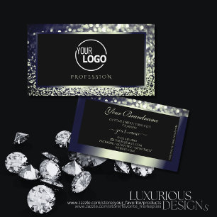 Eye Catching Blue Silver Ombre Glitter Logo Black Business Card
