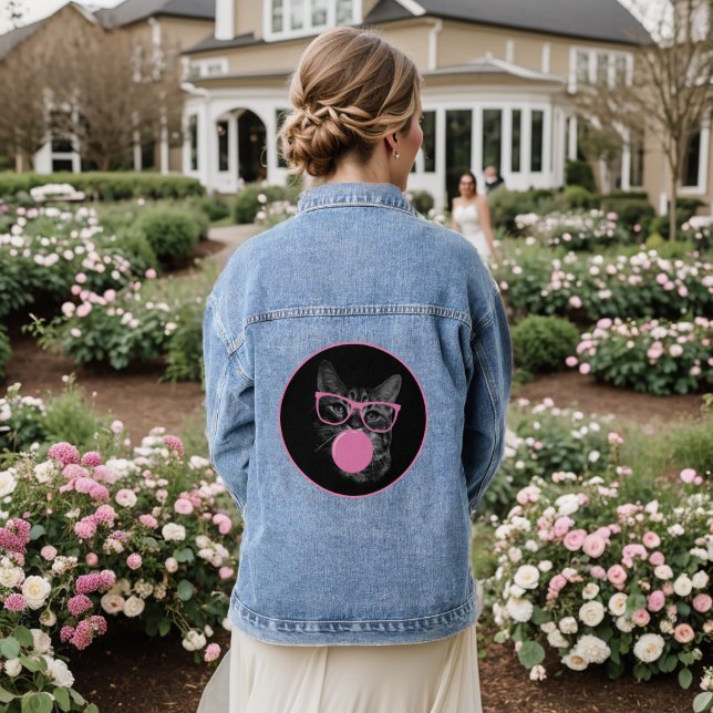 eye-catching cat pink glasses and chewing gum denim jacket (Wedding Back)