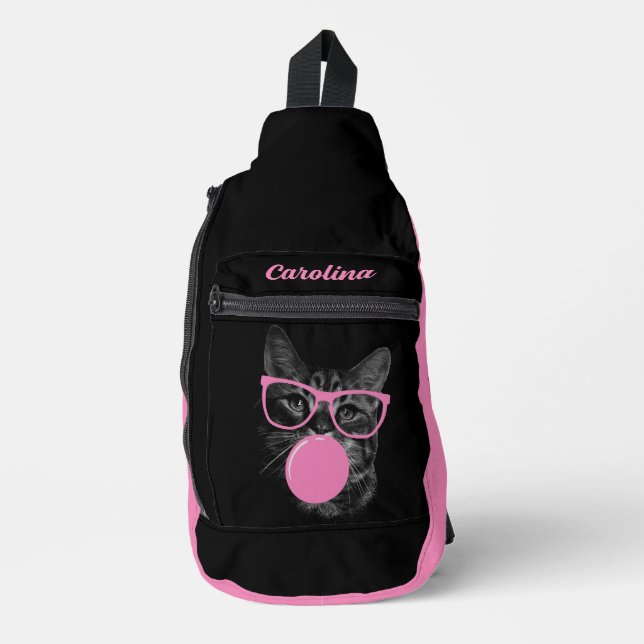 eye-catching cat pink glasses and chewing gum sling bag (Front)