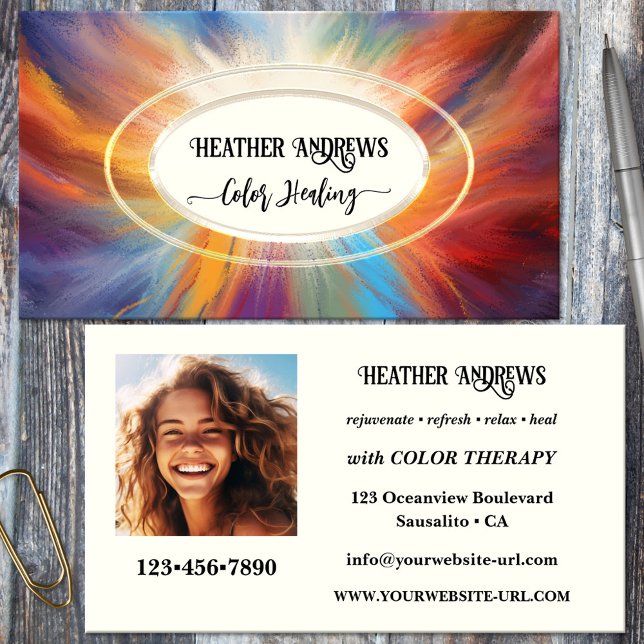 Eye Catching Colour Healing Business Card (Business card featuring a colorful and vibrant design with a light center - healer - color therapy)