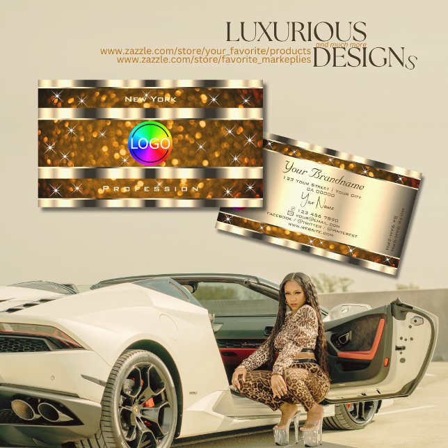 Eye Catching Gold Orange Glitter Stars add Logo Business Card (Creator Uploaded)