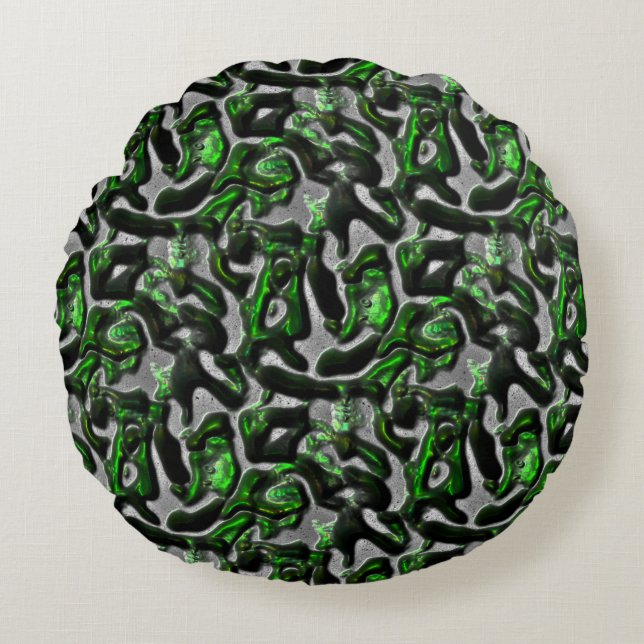 Eye-catching lime green texture carved in grey round cushion (Front)