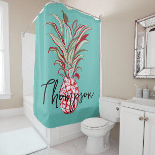 Eye-catching monogram script modern pineapple blue shower curtain