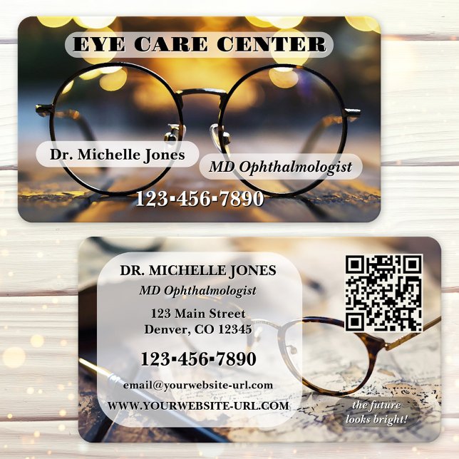 Eye Catching Ophthalmologist or Optometrist  Business Card (Ophthalmologist or optometrist business card  featuring imagery of glasses and sparkling lights)