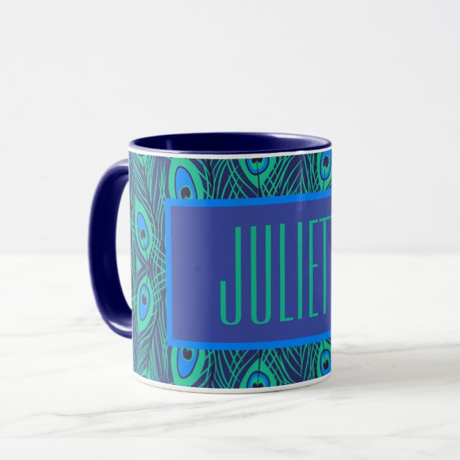 EYE-CATCHING PEACOCK FEATHERS DESIGN IN BLUE GREEN MUG (Front Left)