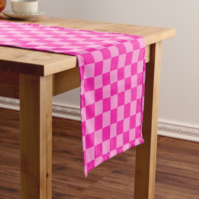 Eye-Catching Pink Chequerboard Short Table Runner (In Situ)