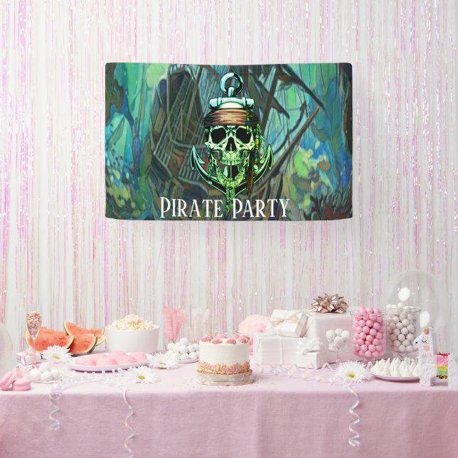 Eye-Catching Pirate Skull Captain Green Ghost Ship Banner (Party)