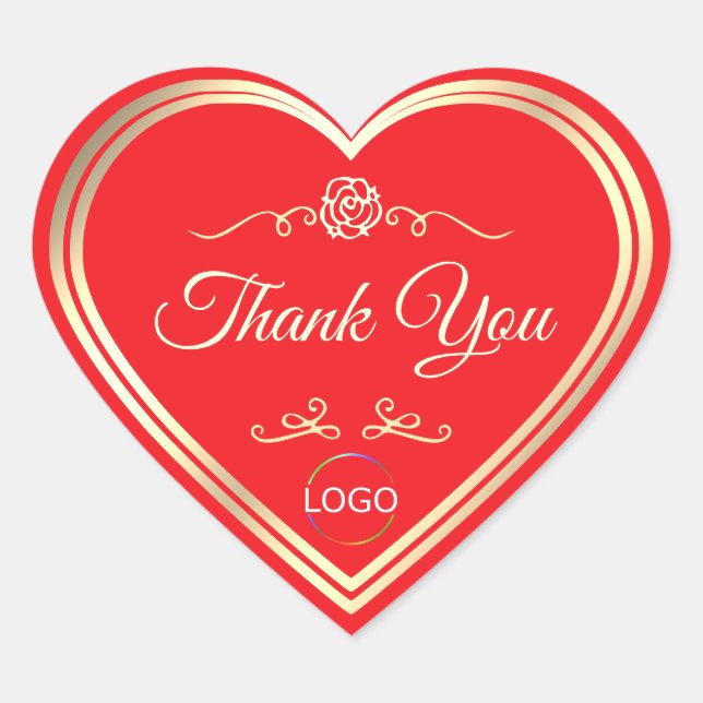 Eye Catching Red Gold Frame and Logo Thank You Heart Sticker (Front)