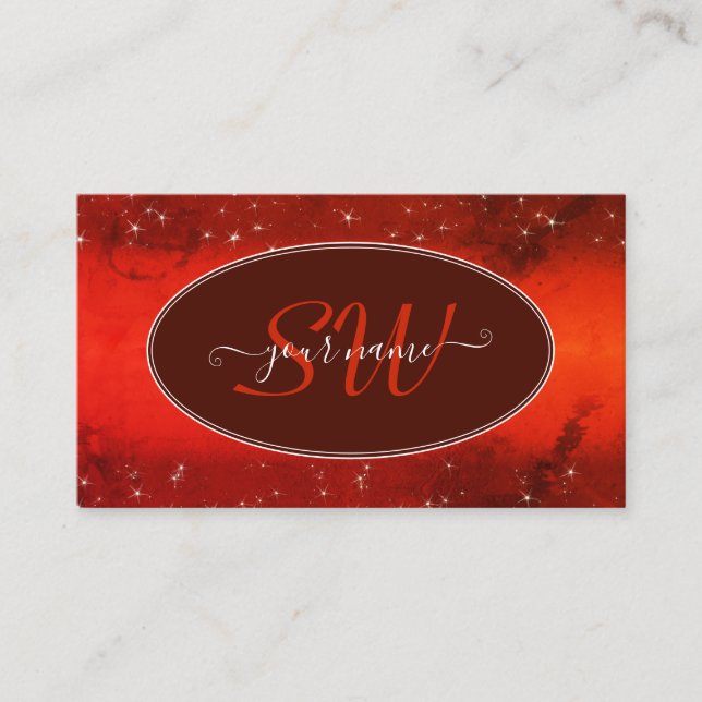 Eye Catching Red Marbled Glitter Stars Monogram Business Card (Front)