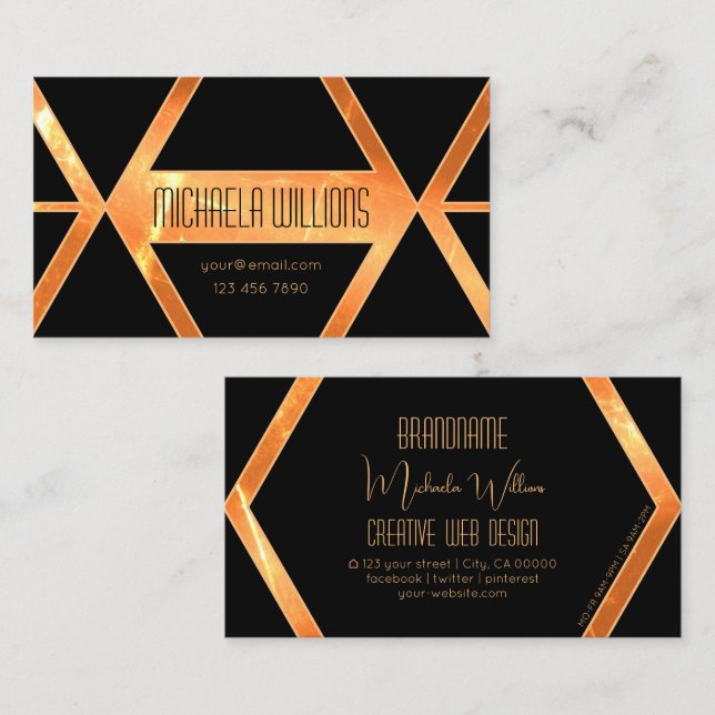 Eye Catching Shimmery Coral Black Geometric Modern Business Card (Front/Back)