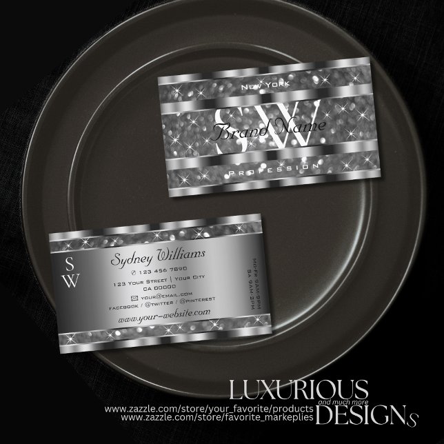 Eye Catching Silver Glitter Sparkle Stars Monogram Business Card (Creator Uploaded)