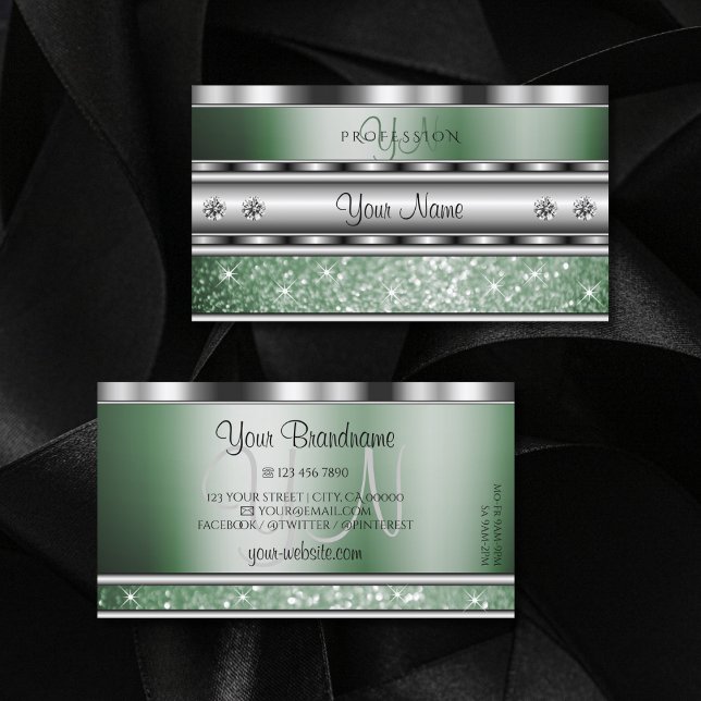 Eye Catching Silver Green Sparkle Glitter Monogram Business Card (Creator Uploaded)