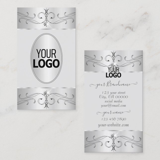 Eye Catching Silver Grey Ornate Ornaments Add Logo Business Card (Front/Back)