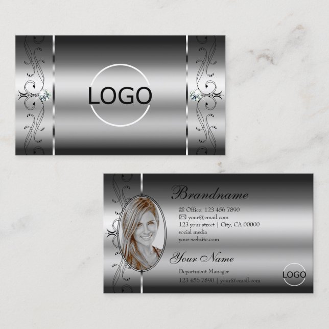 Eye Catching Silver Squiggled Jewels Logo and Foto Business Card (Front/Back)