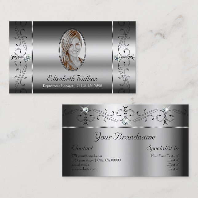 Eye Catching Silver Squiggled Jewels with Photo Business Card (Front/Back)