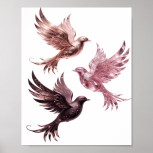 Eye-Catching Silver THREE PINK BIRDS Design Poster