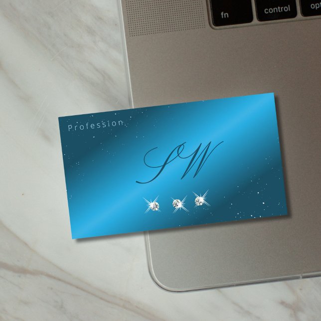 Eye Catching Teal Blue Sparkling Diamonds Monogram Business Card (Creator Uploaded)
