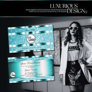 Eye Catching Teal Glitter Sparkle Stars with Logo Business Card