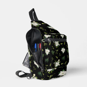 Eye-Catching White Green Floral Pattern on Black Sling Bag