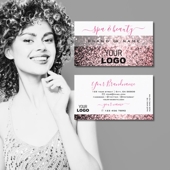 Eye Catching White Pink Sparkling Glitter Add Logo Business Card (Creator Uploaded)