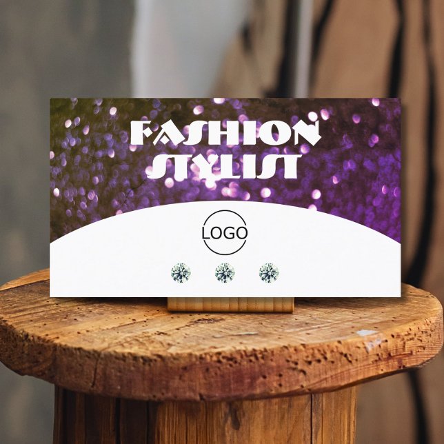Eye Catching White Purple Sparkle Glitter Add Logo Business Card (Creator Uploaded)