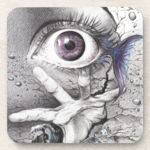 Eye fish and hand dream Surreal drawing art Coaster