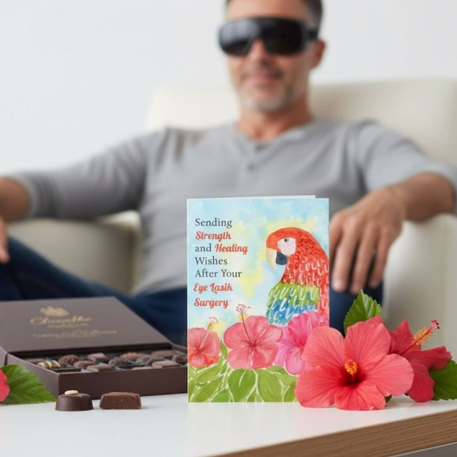 Eye Lasik Surgery Healing Scarlet Macaws, Hibiscus Card (Creator Uploaded)