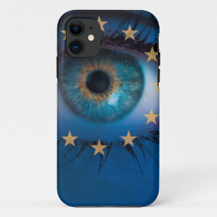 Eye looks through Europe flag background concept iPhone 11 Case