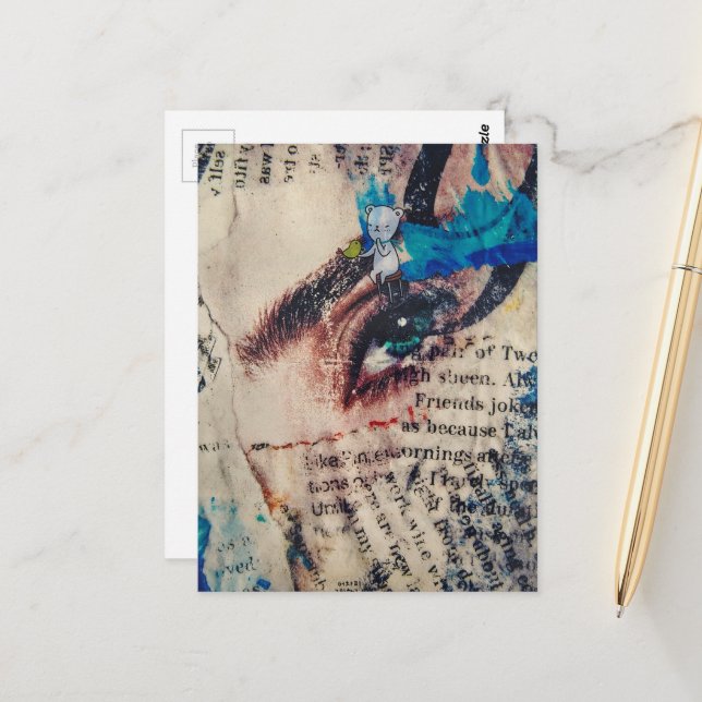 eyeball blue paint words abstract collage postcard (Front/Back In Situ)
