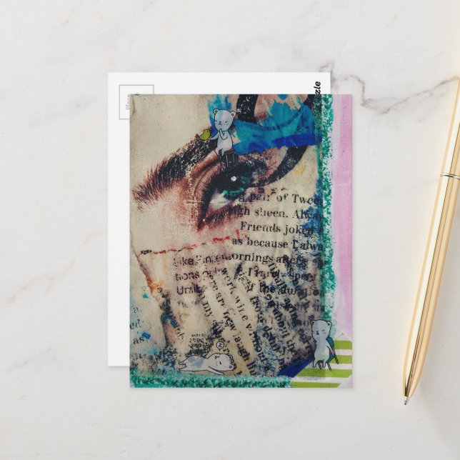 eyeball blue paint words bears abstract collage postcard (Front/Back In Situ)