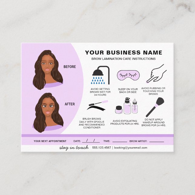 Eyebrow Lamination Aftercare Instructions Business Card (Front)