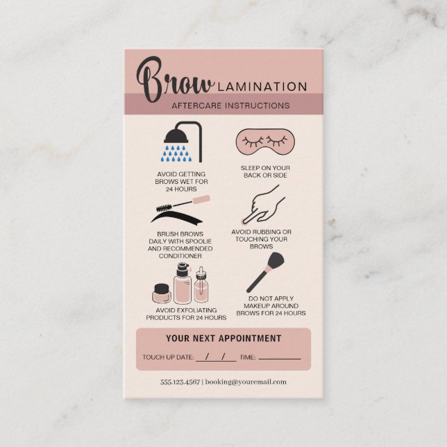 Eyebrow Lamination Aftercare Instructions Business Card (Front)