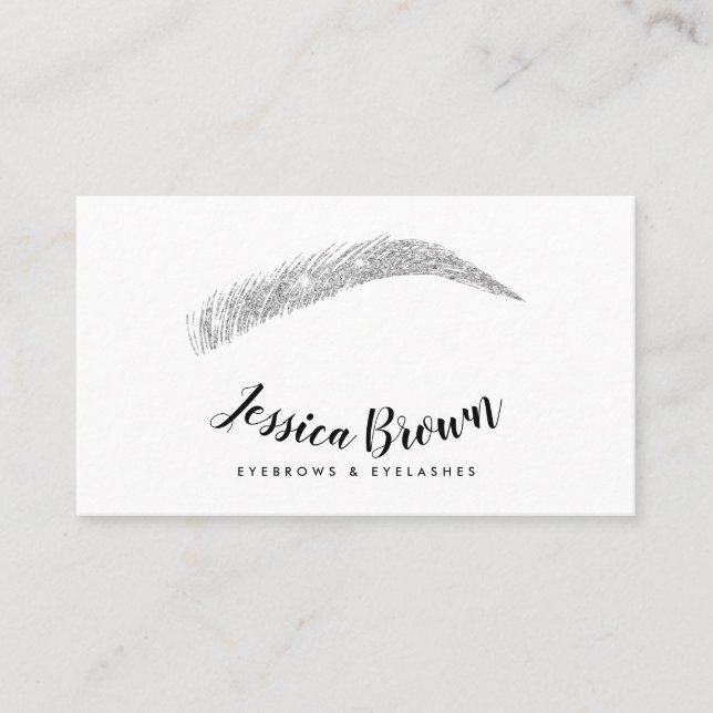 Eyebrow lashes chic silver glitter name glam white business card (Front)