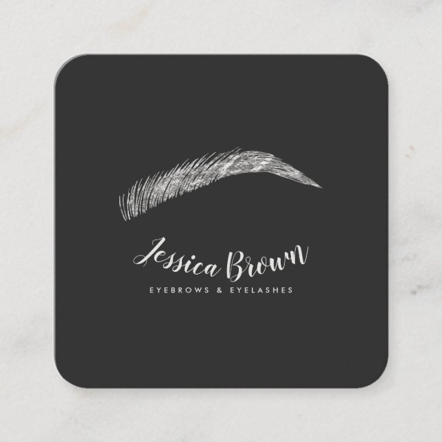 Eyebrow lashes luxury silver glitter elegant square business card (Front)