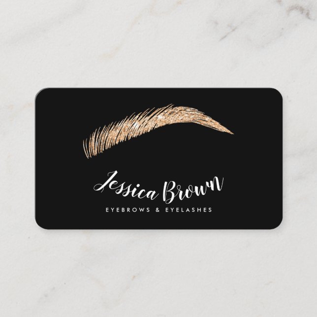 Eyebrow lashes rose gold glitter name glam black business card (Front)