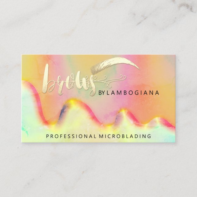 Eyebrow Logo Microblading Gold Holograph QR Code  Business Card (Front)