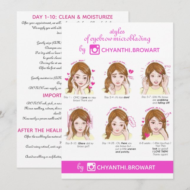 Eyebrow Microblading Aftercare Instruction Pink Invitation (Front/Back)